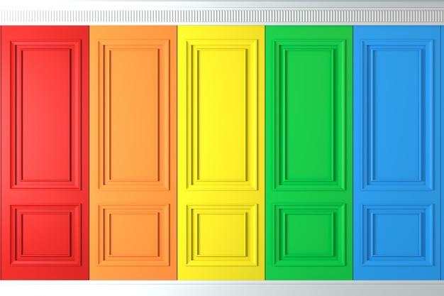 Ряд разноцветных дверей красного, оранжевого, желтого, зеленого и синего цветов.